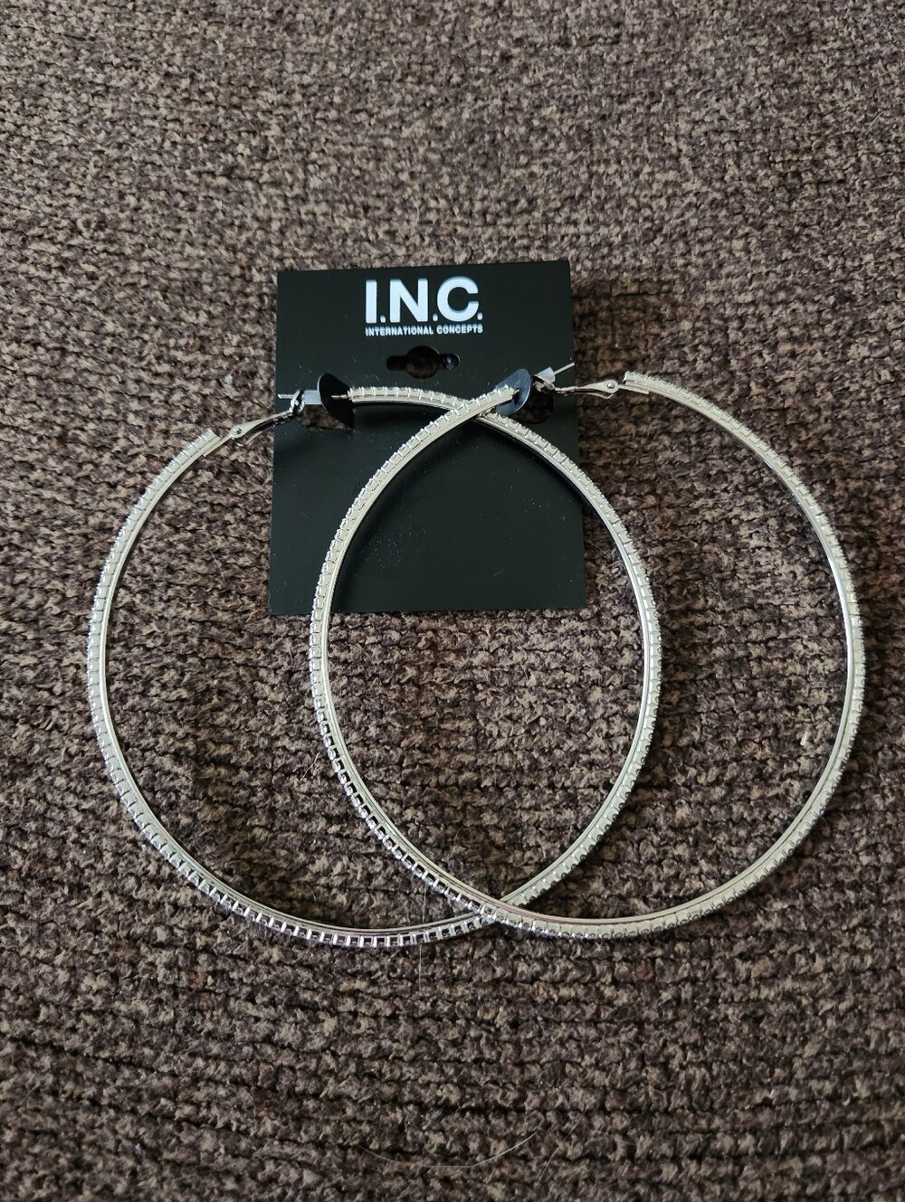 INC International Concepts Hoop Earrings Large Silver Tone Clear Stones NWT